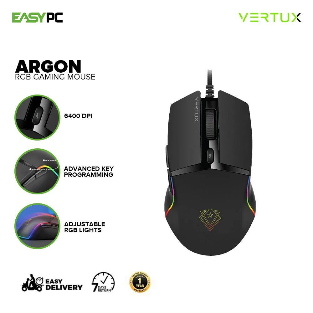 Vertux Argon RGB, 6400 DPI Advance Button Programming, LED Light Immersion, Comfortable Design Gaming Mouse 17PRO VEAR2533 - Image 2