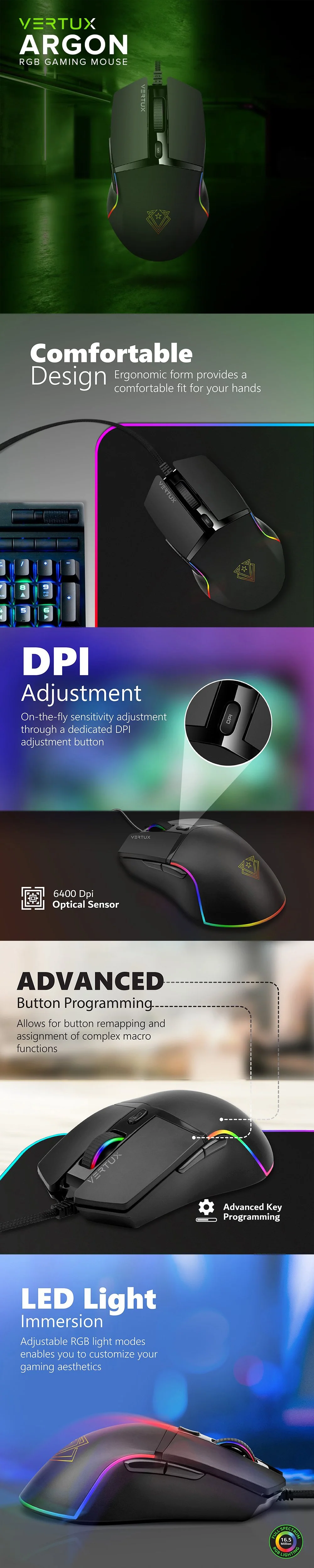 Vertux Argon RGB, 6400 DPI Advance Button Programming, LED Light Immersion, Comfortable Design Gaming Mouse 17PRO VEAR2533 - Image 3