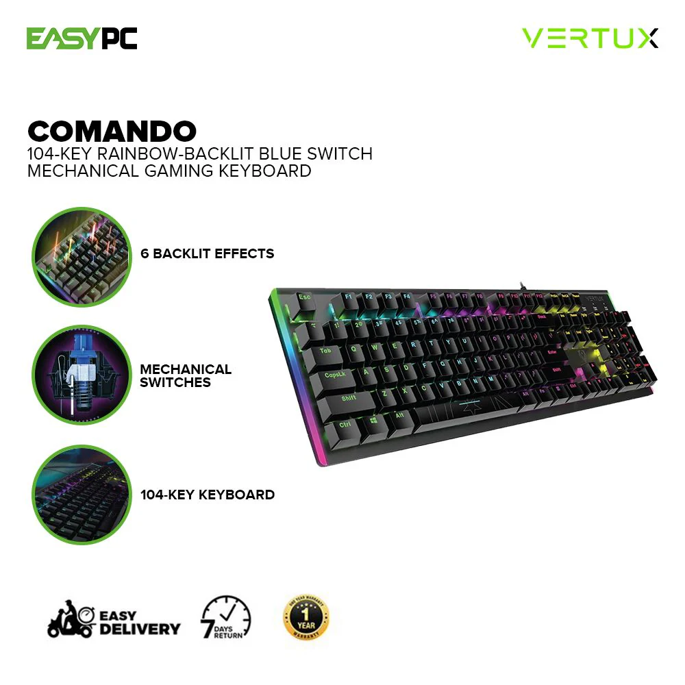 Vertux Comando 104-Key Rainbow-Backlit Blue Switch Anti Ghosting Key Unbreakable Durability Mechanical Gaming Keyboard 17PRO VECO2521 - Image 2