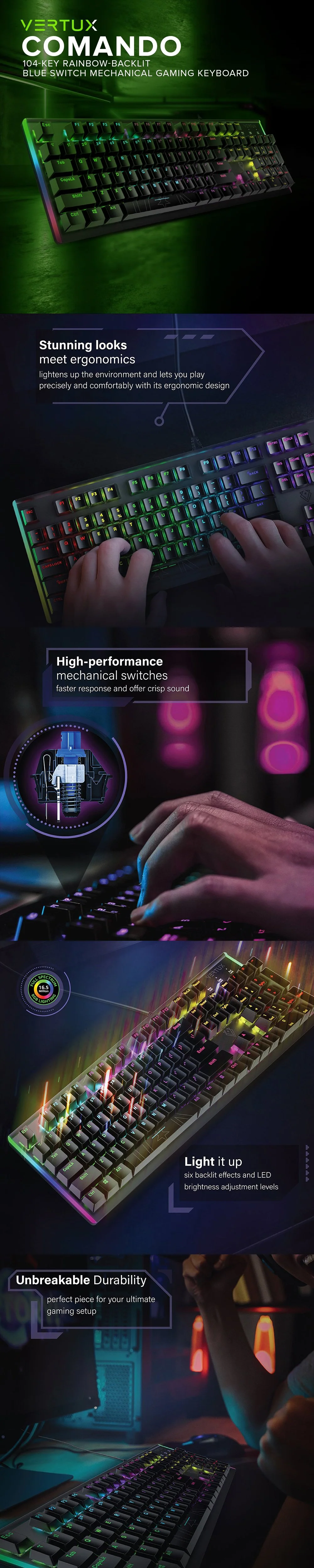 Vertux Comando 104-Key Rainbow-Backlit Blue Switch Anti Ghosting Key Unbreakable Durability Mechanical Gaming Keyboard 17PRO VECO2521 - Image 3