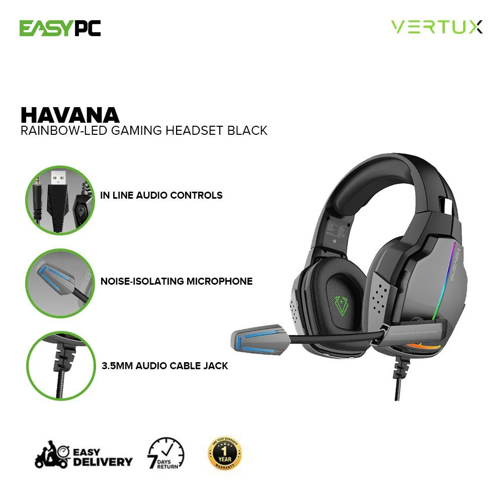 Vertux Havana Rainbow-LED Premium Design High Definition Audio Immersive Gaming Headset Black 17PRO VEHA2560 - Image 2