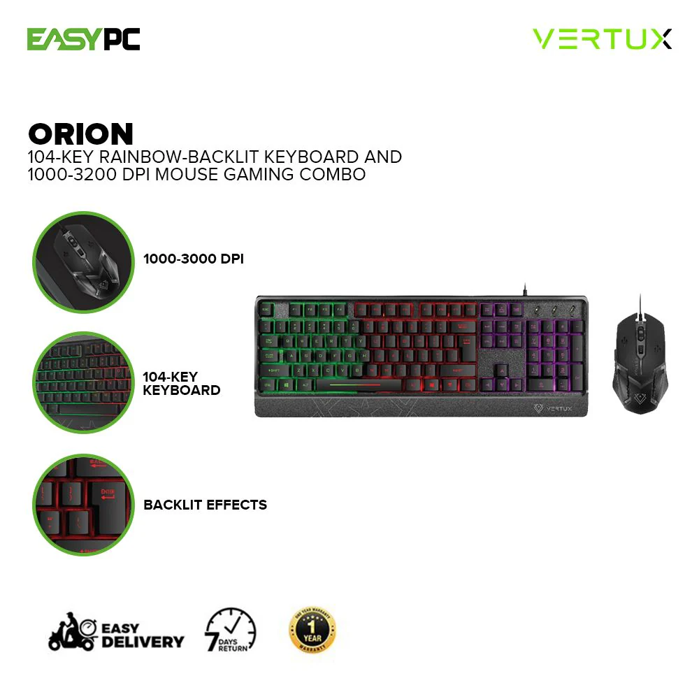 Vertux Orion 104-Key Rainbow-Backlit Ergonomic Wired Keyboard and 1000-3200 DPI Mouse Gaming Combo 17PRO VEOR2524 - Image 2