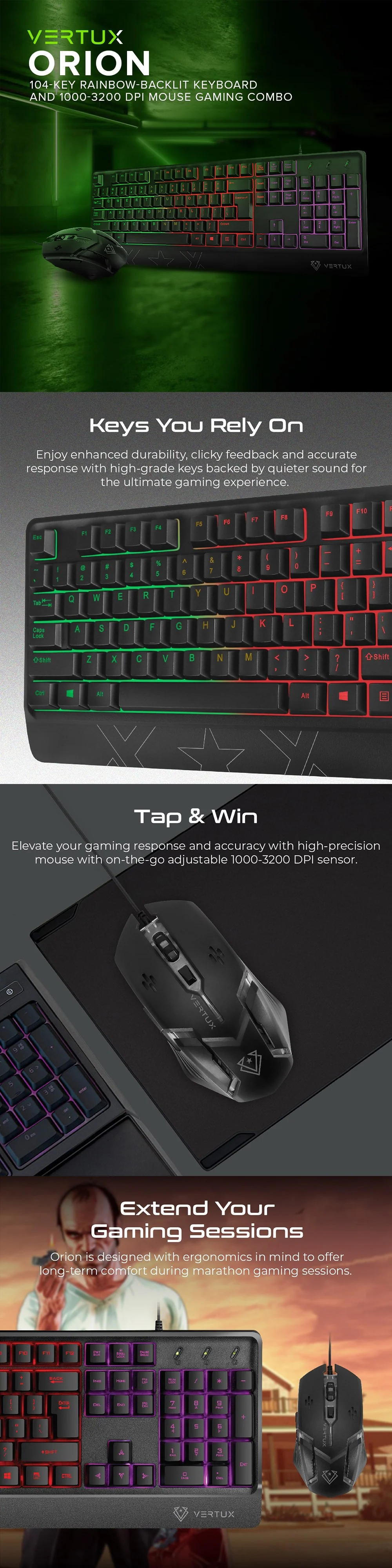 Vertux Orion 104-Key Rainbow-Backlit Ergonomic Wired Keyboard and 1000-3200 DPI Mouse Gaming Combo 17PRO VEOR2524 - Image 3