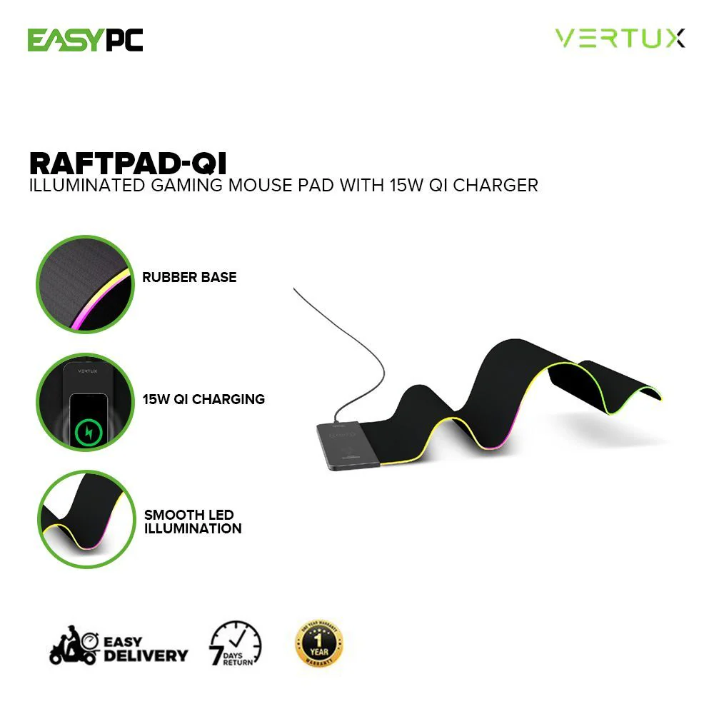 Vertux Raftpad-Qi Illuminated Gaming Mouse Pad with 15w Qi Wireless Charging Pad and Non-Slip Base 17PRO VERA2546 - Image 2
