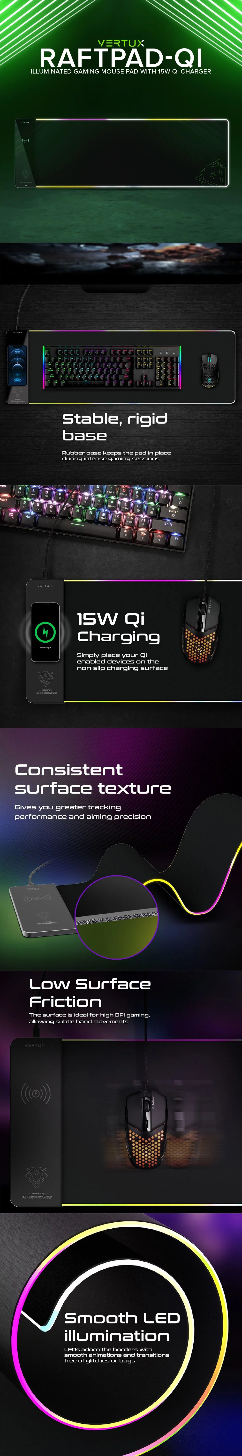 Vertux Raftpad-Qi Illuminated Gaming Mouse Pad with 15w Qi Wireless Charging Pad and Non-Slip Base 17PRO VERA2546 - Image 3