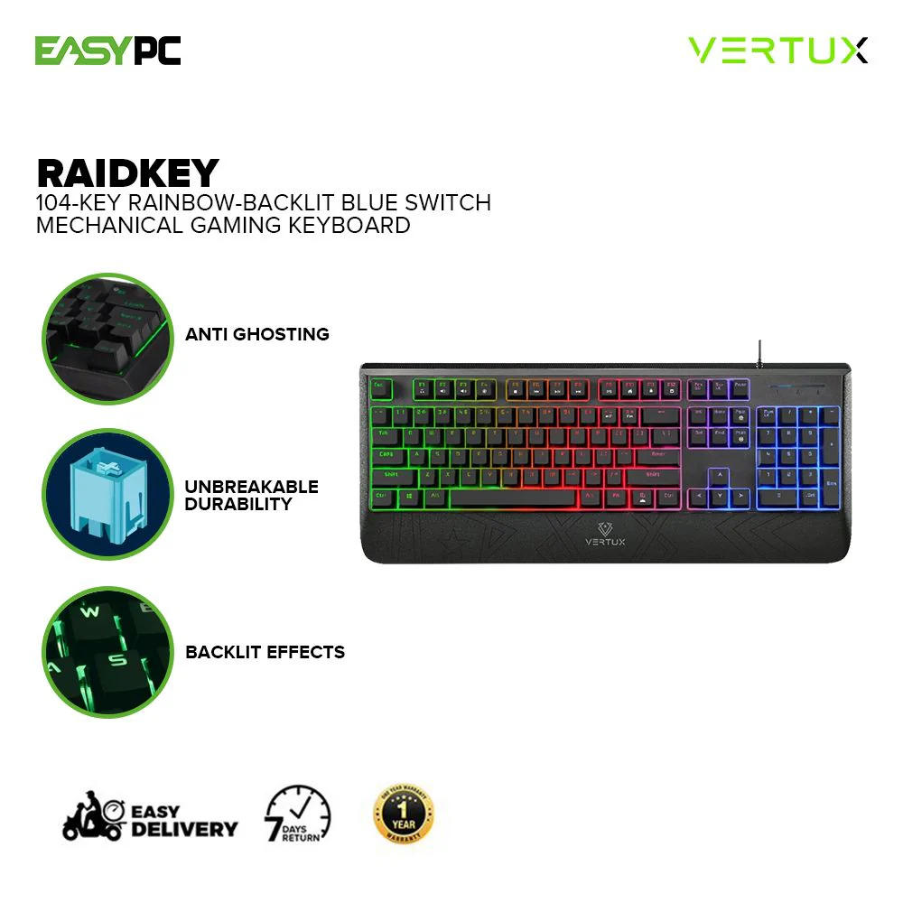 Vertux Raidkey 104-Key Rainbow-Backlit Blue Switch Anti- Ghosting Keys Mechanical Gaming Keyboard 17PRO VERA2520 - Image 2