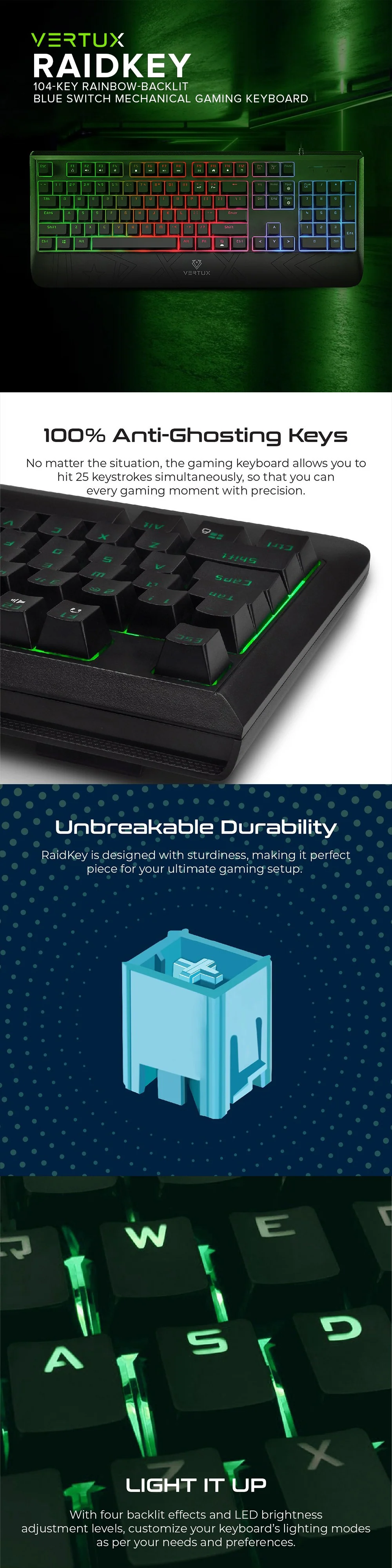 Vertux Raidkey 104-Key Rainbow-Backlit Blue Switch Anti- Ghosting Keys Mechanical Gaming Keyboard 17PRO VERA2520 - Image 3