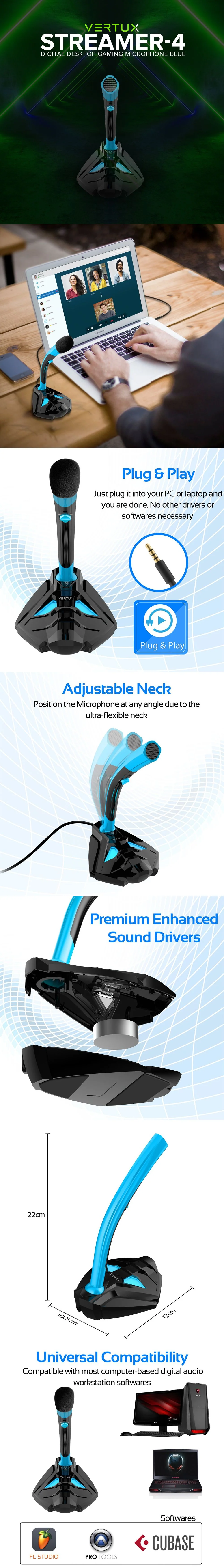 Vertux Streamer-4 Universal Digital Stereo 3.5mm Digital Desktop Gaming Microphone Blue and Red 17PRO - Image 5