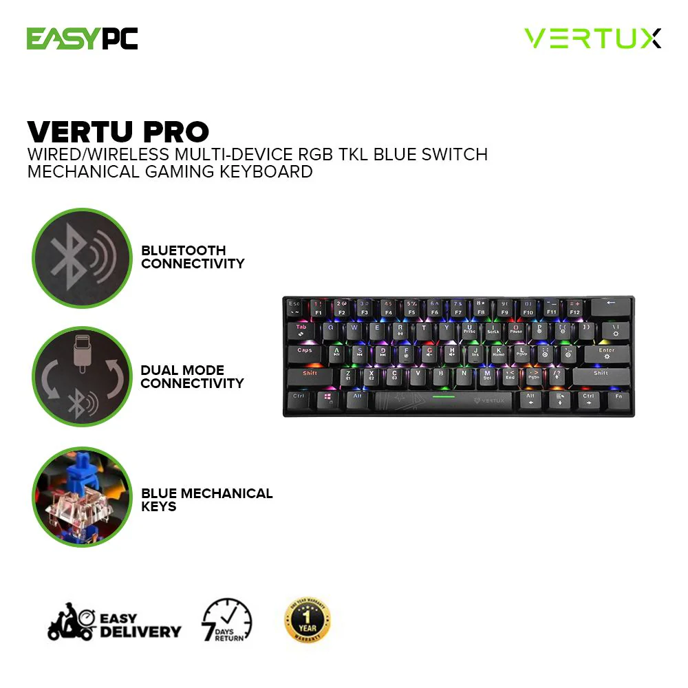 Vertux Vertu Pro Wired/Wireless Multi-device RGB TKL Blue Switch Anti- Ghosting Mechanical Gaming Keyboard 17PRO VEVE2515 - Image 2