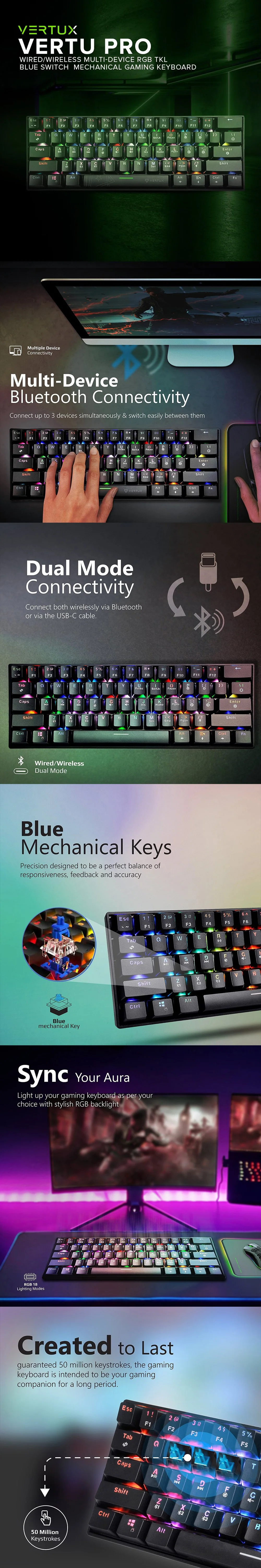 Vertux Vertu Pro Wired/Wireless Multi-device RGB TKL Blue Switch Anti- Ghosting Mechanical Gaming Keyboard 17PRO VEVE2515 - Image 3