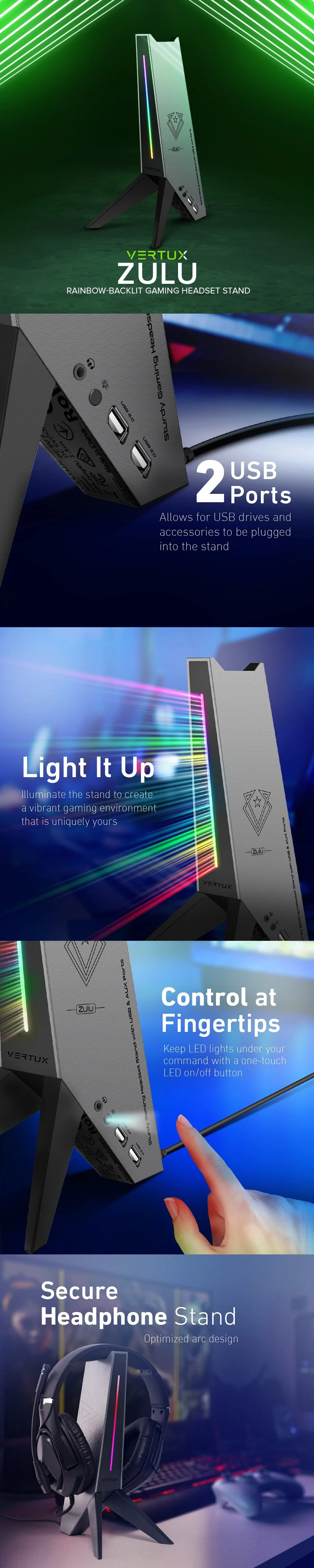 Vertux Zulu Rainbow-Backlit Secure Headphones Control at Fingertips LED lights Gaming Headset Stand 17PRO VEZU2574 - Image 3