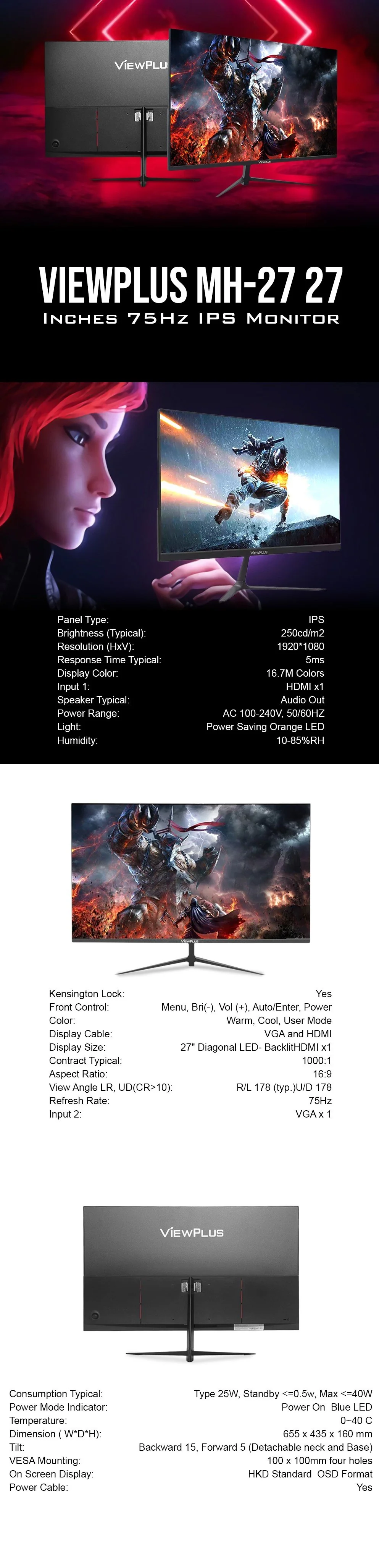 ViewPlus MH-27 27 Inches 75Hz    HDMI and VGA ready, 16.7 Million Colors, 1080p resolution Detachable Neck and Base Display IPS Monitor - Image 5