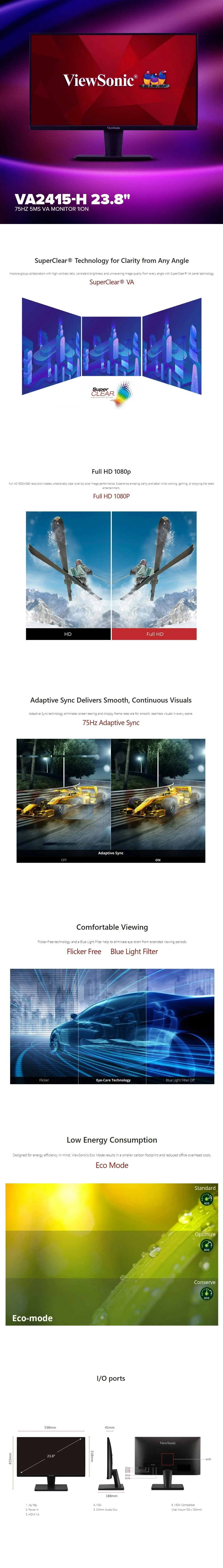 ViewSonic VA2415-H 23.8" 75Hz FHD Adaptive sync 5ms VA Technology Monitor HDMI and VGA inputs for connectivity 1ION - Image 6