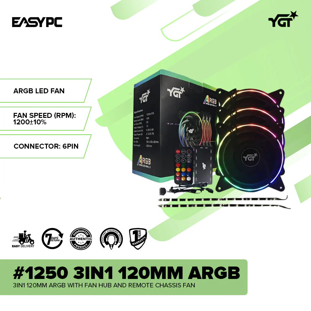 YGT #1250 3in1 120mm ARGB with fan HUB and remote Chassis Fan - Image 2